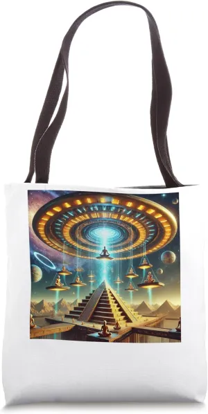 Egypt UFO Floating Pyramid Monks Graphic Tote Bag