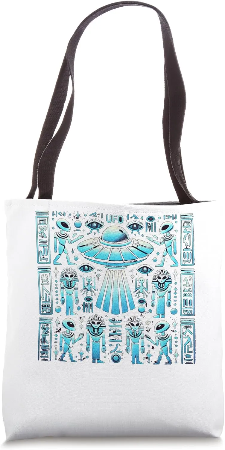 Egypt UFO Hieroglyph Blue Light Graphic Tote Bag