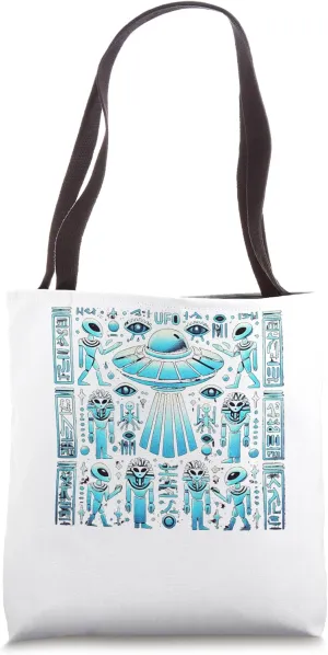 Egypt UFO Hieroglyph Blue Light Graphic Tote Bag