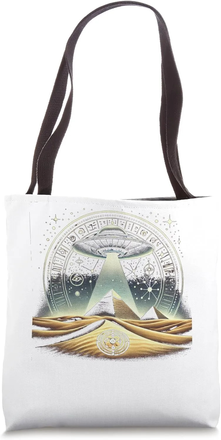 Egypt UFO Landing Desert Symbols Night Sky Graphic Tote Bag