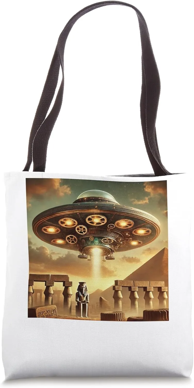 Egypt UFO Over Ruins With Steampunk Brass Design Tote Bag