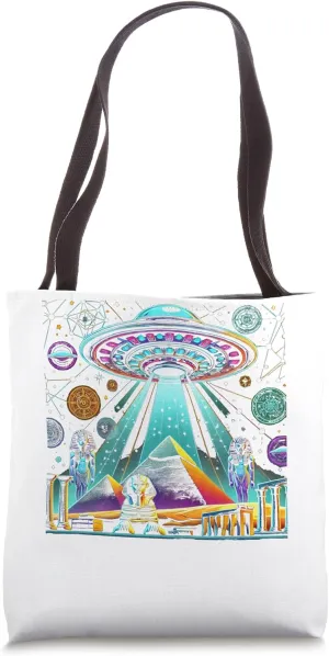 Egypt UFO Statues And Beams From Space Night Graphic Tote Bag
