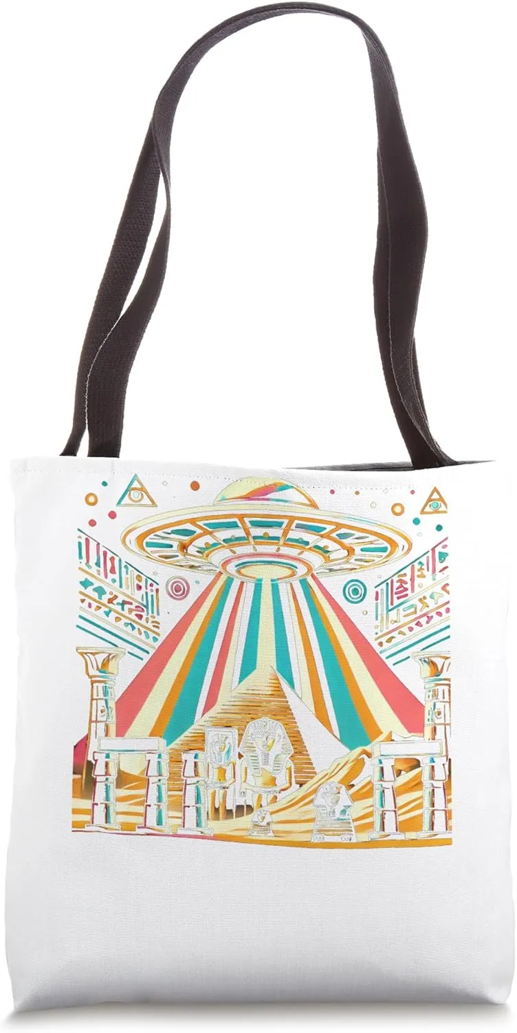 Egypt UFO Temple Lights Alien Arrival Scene Graphic Tote Bag