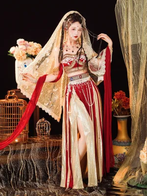 Elegant Red and Gold Belly Dance Costume with Veil and Accessories