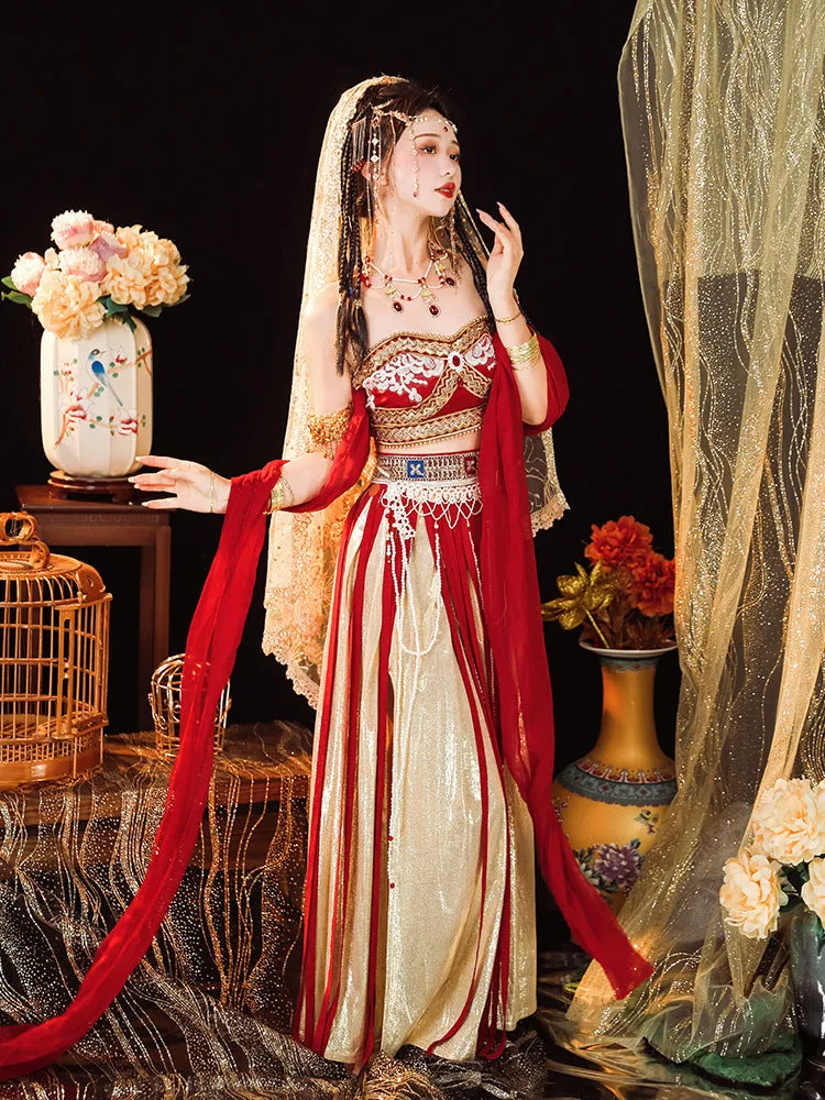 Elegant Red and Gold Belly Dance Costume with Veil and Accessories