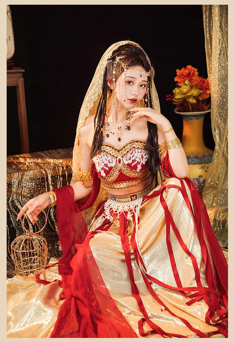 Elegant Red and Gold Belly Dance Costume with Veil and Accessories