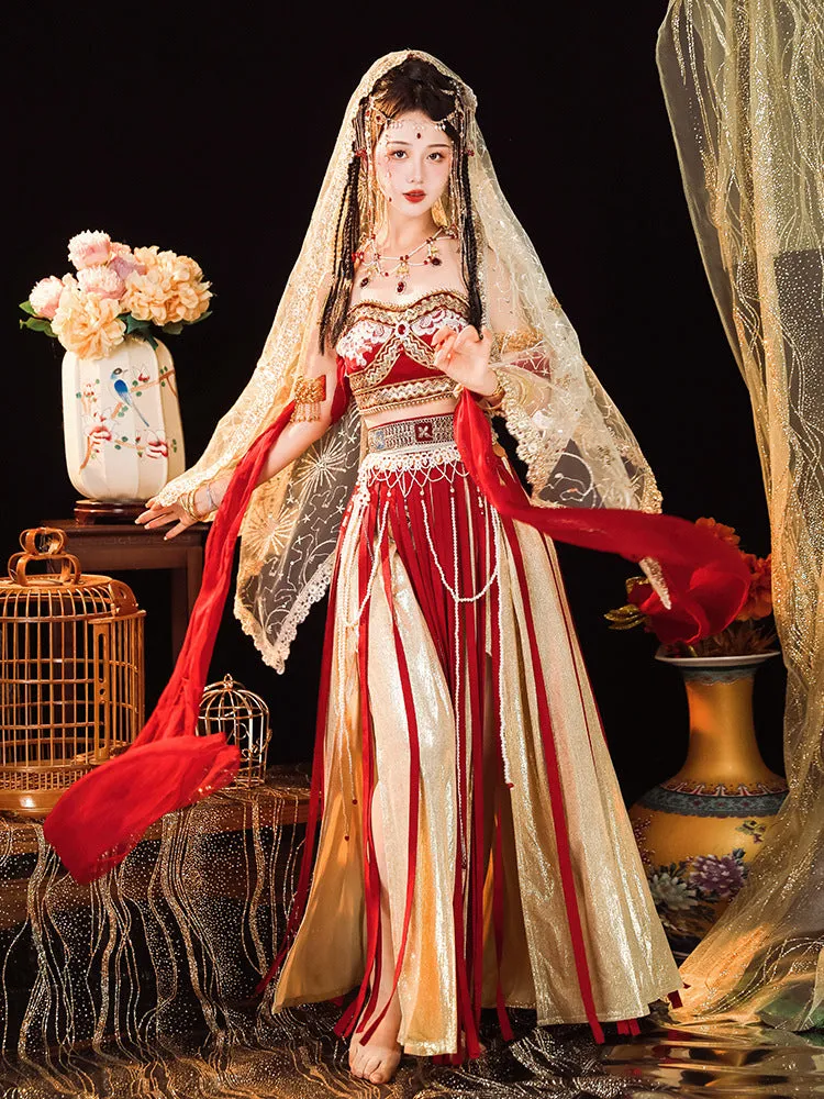 Elegant Red and Gold Belly Dance Costume with Veil and Accessories