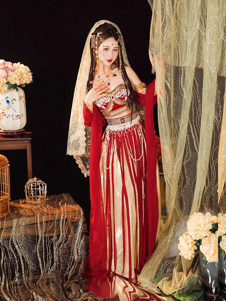 Elegant Red and Gold Belly Dance Costume with Veil and Accessories