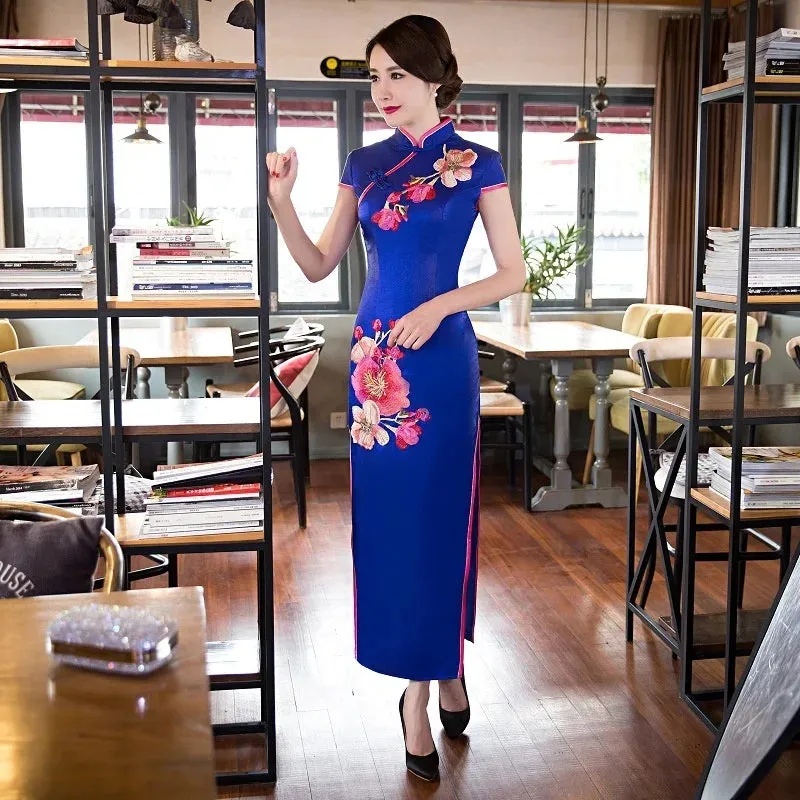 Elegant Women's Cheongsam Qipao Long Dress - Black/Red Embroidered Traditional Chinese Evening Party Gown