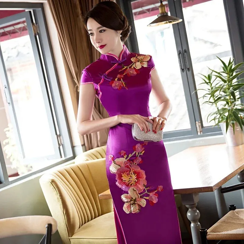 Elegant Women's Cheongsam Qipao Long Dress - Black/Red Embroidered Traditional Chinese Evening Party Gown