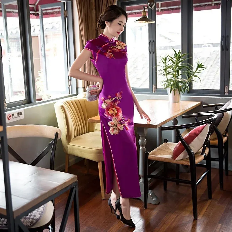 Elegant Women's Cheongsam Qipao Long Dress - Black/Red Embroidered Traditional Chinese Evening Party Gown
