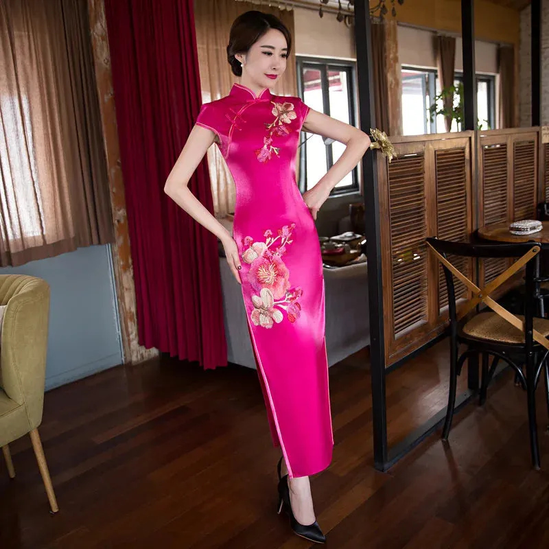 Elegant Women's Cheongsam Qipao Long Dress - Black/Red Embroidered Traditional Chinese Evening Party Gown