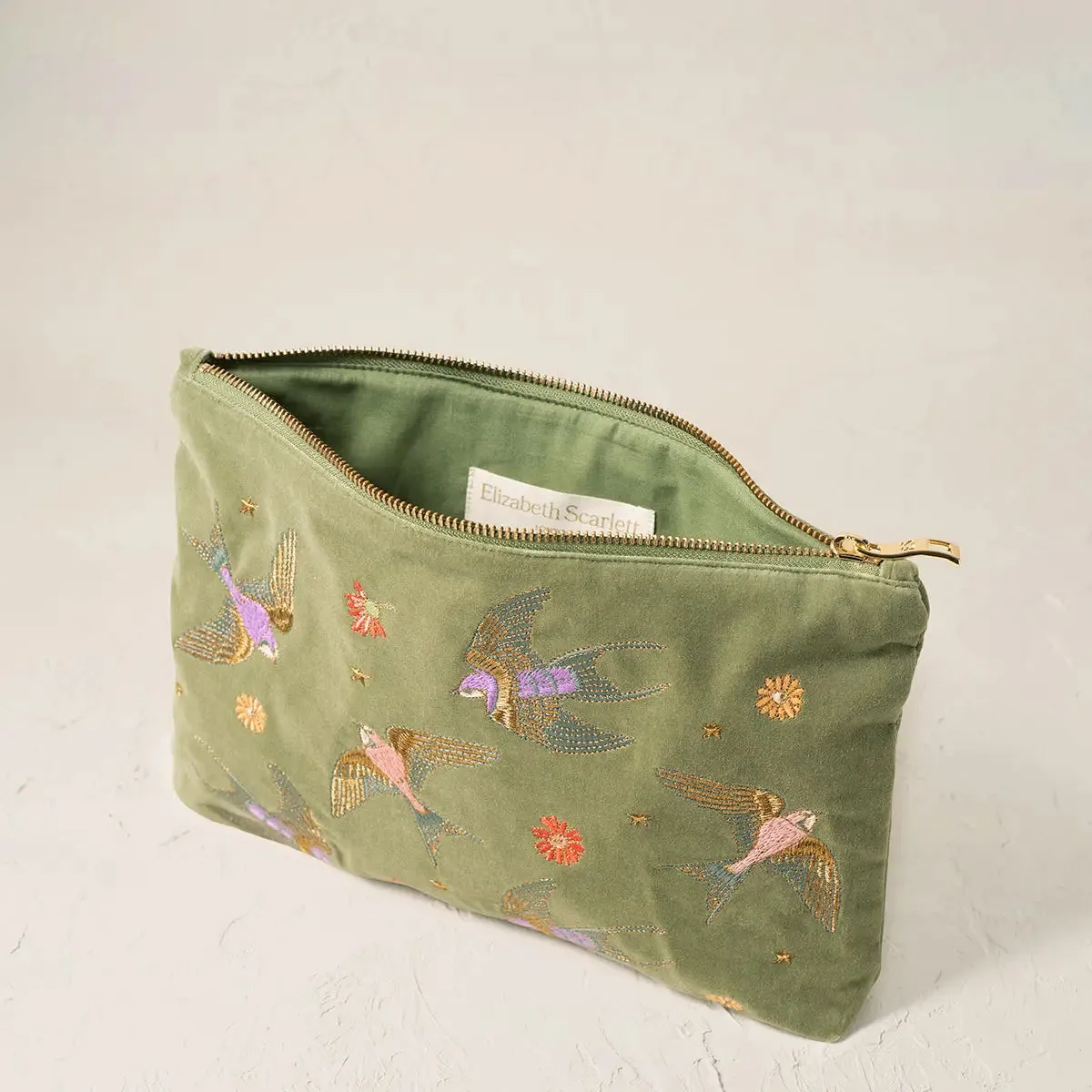 Elizabeth Scarlett - Swallows Velvet Everyday Pouch - Olive