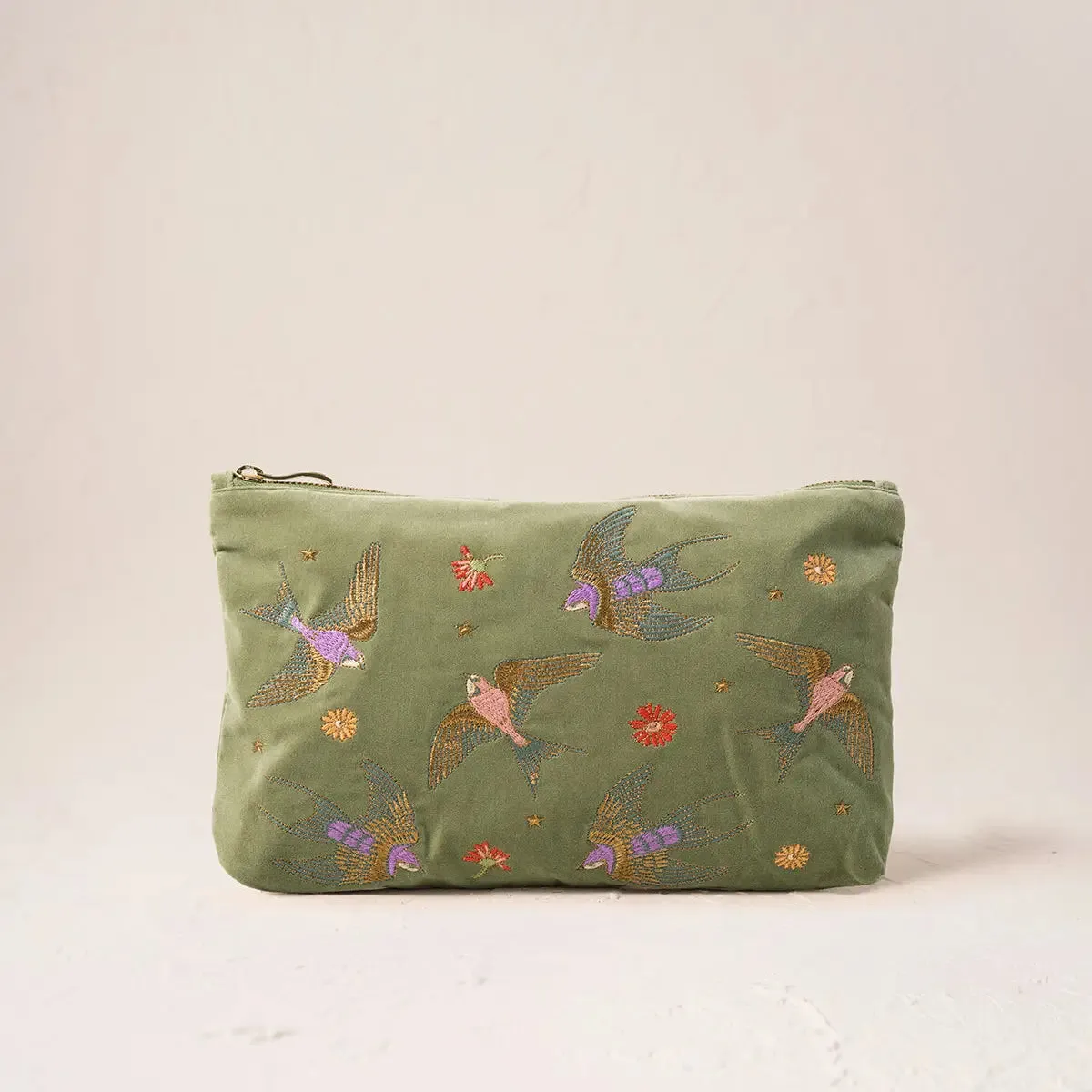 Elizabeth Scarlett - Swallows Velvet Everyday Pouch - Olive
