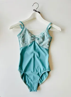 Embroidered Camisole Leotard With Ruching - Aqua