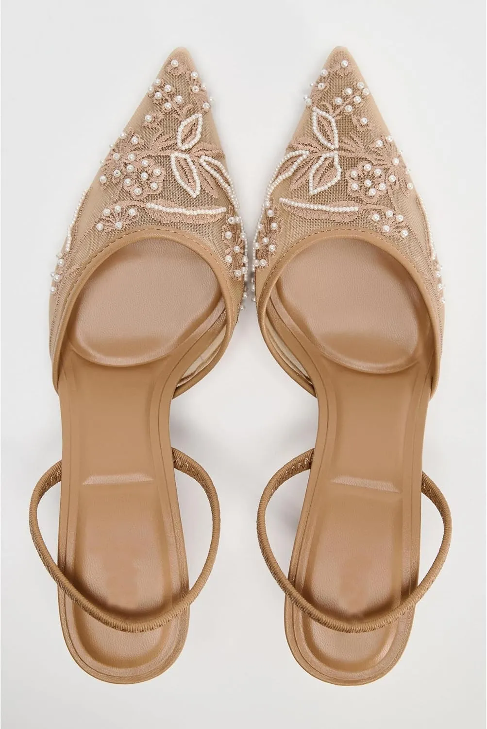 Embroidered Mesh Slingback Kitten Heels for Women Closed Pointed Toe Backless Slip On Heel Pumps with Pearl Wedding Party Dance Shoes