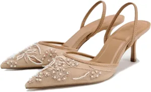 Embroidered Mesh Slingback Kitten Heels for Women Closed Pointed Toe Backless Slip On Heel Pumps with Pearl Wedding Party Dance Shoes