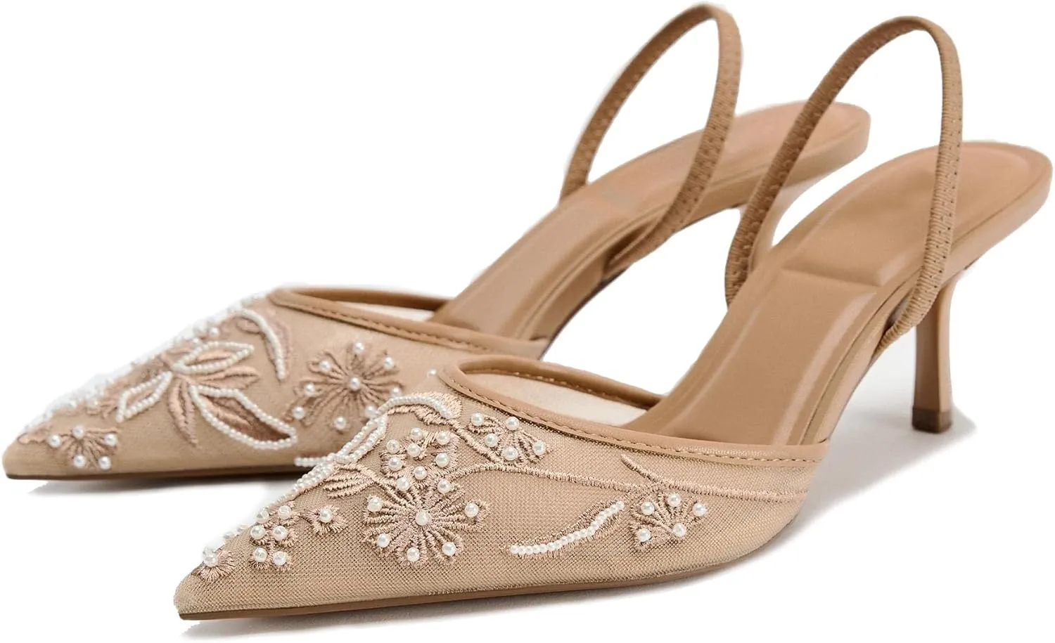 Embroidered Mesh Slingback Kitten Heels for Women Closed Pointed Toe Backless Slip On Heel Pumps with Pearl Wedding Party Dance Shoes