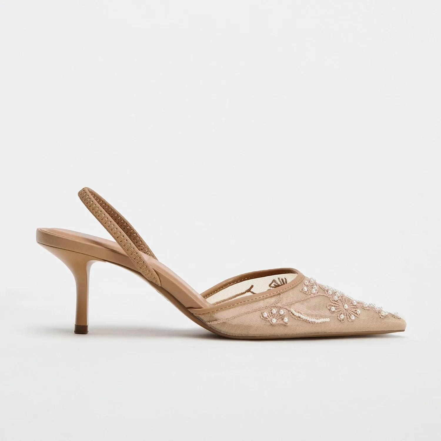 Embroidered Mesh Slingback Kitten Heels for Women Closed Pointed Toe Backless Slip On Heel Pumps with Pearl Wedding Party Dance Shoes