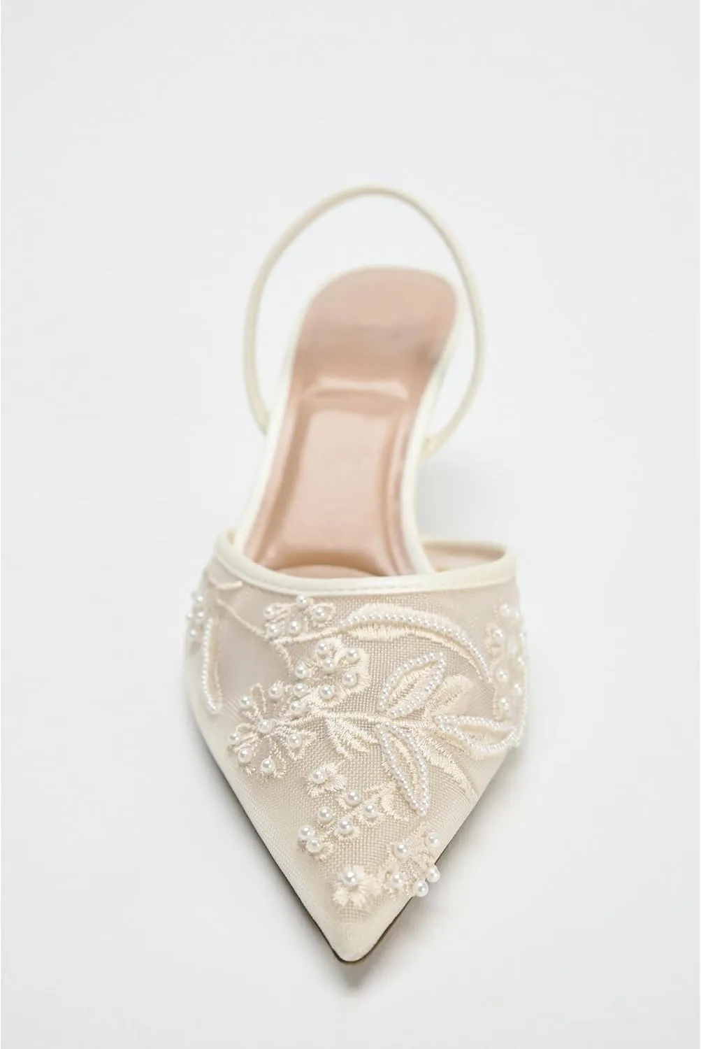 Embroidered Mesh Slingback Kitten Heels for Women Closed Pointed Toe Backless Slip On Heel Pumps with Pearl Wedding Party Dance Shoes