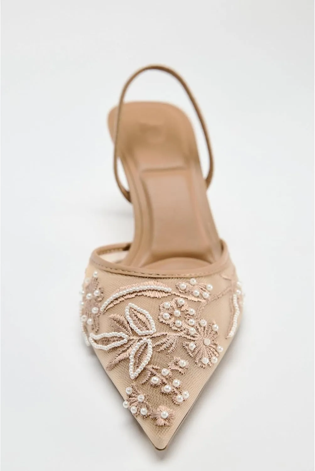 Embroidered Mesh Slingback Kitten Heels for Women Closed Pointed Toe Backless Slip On Heel Pumps with Pearl Wedding Party Dance Shoes