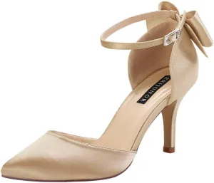 ERIJUNOR Wedding Evening Party Shoes Comfortable Mid Heels Pumps with Bow Knot Ankle Strap Wide Width Satin Shoes