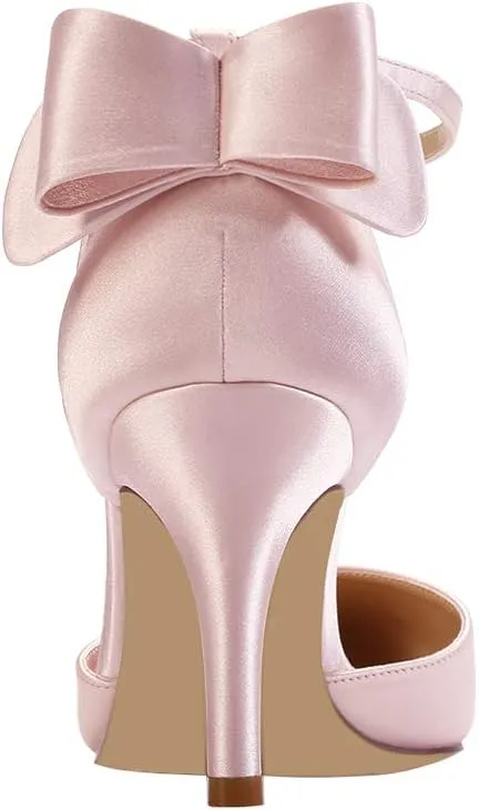 ERIJUNOR Wedding Evening Party Shoes Comfortable Mid Heels Pumps with Bow Knot Ankle Strap Wide Width Satin Shoes