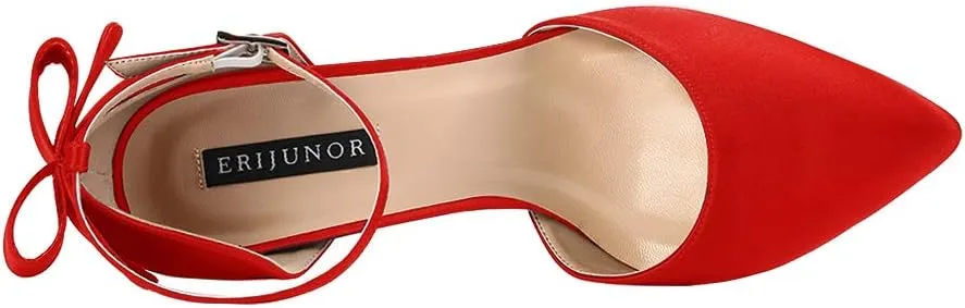 ERIJUNOR Wedding Evening Party Shoes Comfortable Mid Heels Pumps with Bow Knot Ankle Strap Wide Width Satin Shoes