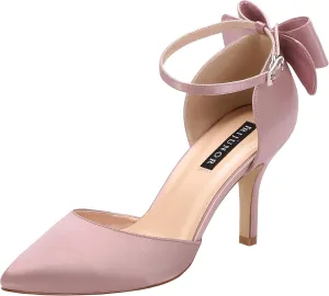 ERIJUNOR Wedding Evening Party Shoes Comfortable Mid Heels Pumps with Bow Knot Ankle Strap Wide Width Satin Shoes