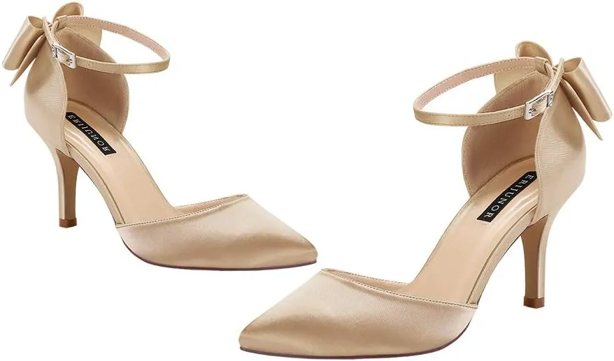 ERIJUNOR Wedding Evening Party Shoes Comfortable Mid Heels Pumps with Bow Knot Ankle Strap Wide Width Satin Shoes