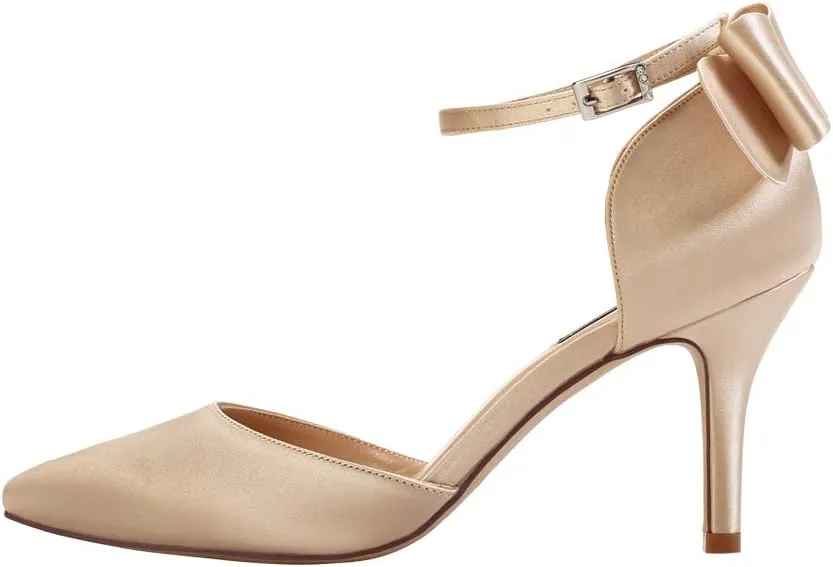 ERIJUNOR Wedding Evening Party Shoes Comfortable Mid Heels Pumps with Bow Knot Ankle Strap Wide Width Satin Shoes