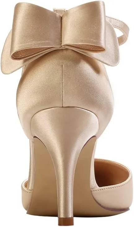 ERIJUNOR Wedding Evening Party Shoes Comfortable Mid Heels Pumps with Bow Knot Ankle Strap Wide Width Satin Shoes