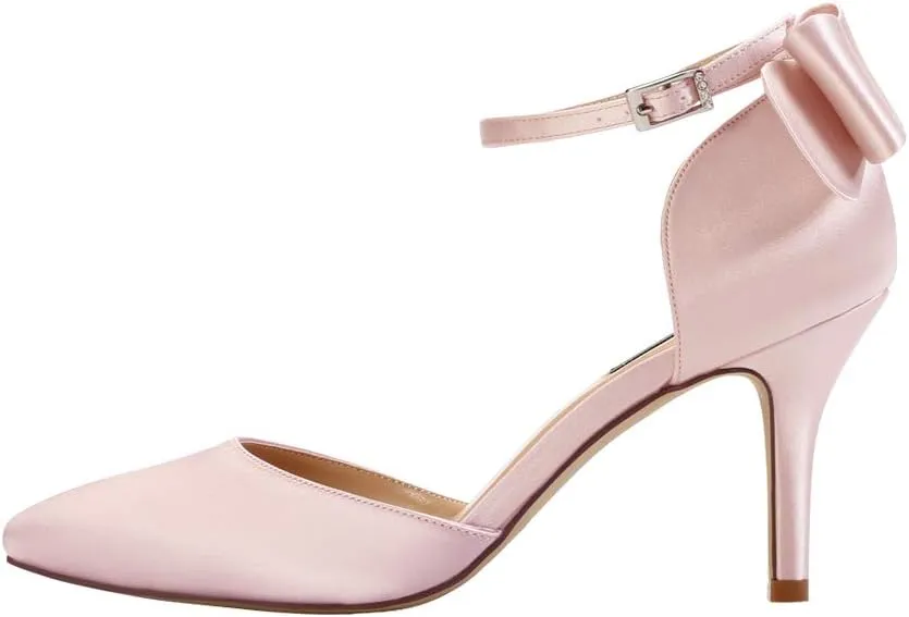 ERIJUNOR Wedding Evening Party Shoes Comfortable Mid Heels Pumps with Bow Knot Ankle Strap Wide Width Satin Shoes