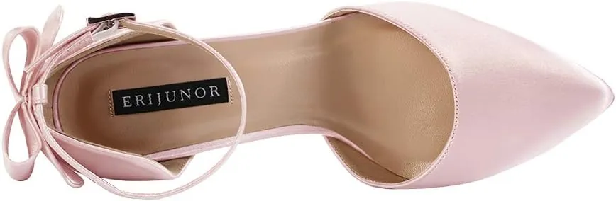 ERIJUNOR Wedding Evening Party Shoes Comfortable Mid Heels Pumps with Bow Knot Ankle Strap Wide Width Satin Shoes