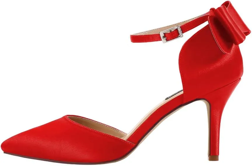 ERIJUNOR Wedding Evening Party Shoes Comfortable Mid Heels Pumps with Bow Knot Ankle Strap Wide Width Satin Shoes