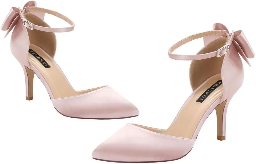 ERIJUNOR Wedding Evening Party Shoes Comfortable Mid Heels Pumps with Bow Knot Ankle Strap Wide Width Satin Shoes