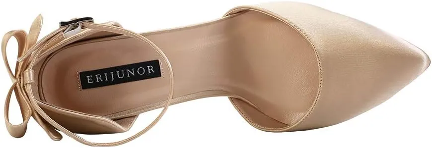 ERIJUNOR Wedding Evening Party Shoes Comfortable Mid Heels Pumps with Bow Knot Ankle Strap Wide Width Satin Shoes