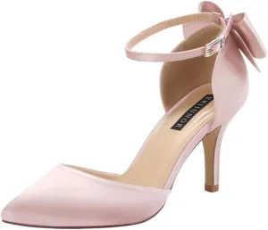 ERIJUNOR Wedding Evening Party Shoes Comfortable Mid Heels Pumps with Bow Knot Ankle Strap Wide Width Satin Shoes