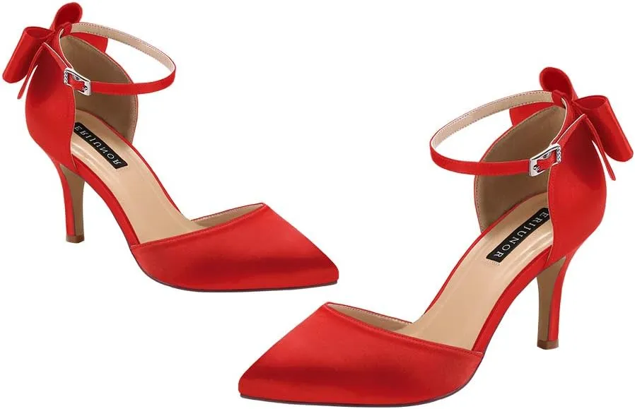 ERIJUNOR Wedding Evening Party Shoes Comfortable Mid Heels Pumps with Bow Knot Ankle Strap Wide Width Satin Shoes