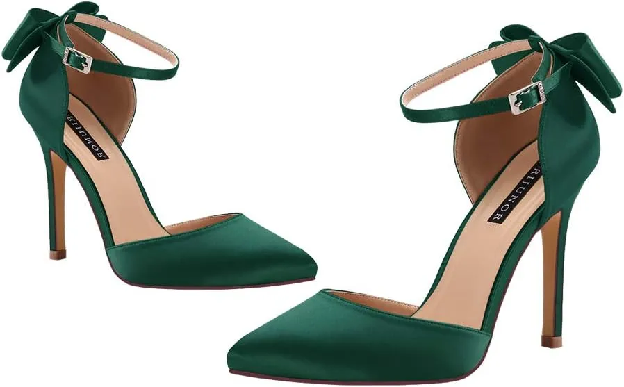ERIJUNOR Women High Heel Bow Ankle Strap Evening Party Dance Wedding Satin Shoes