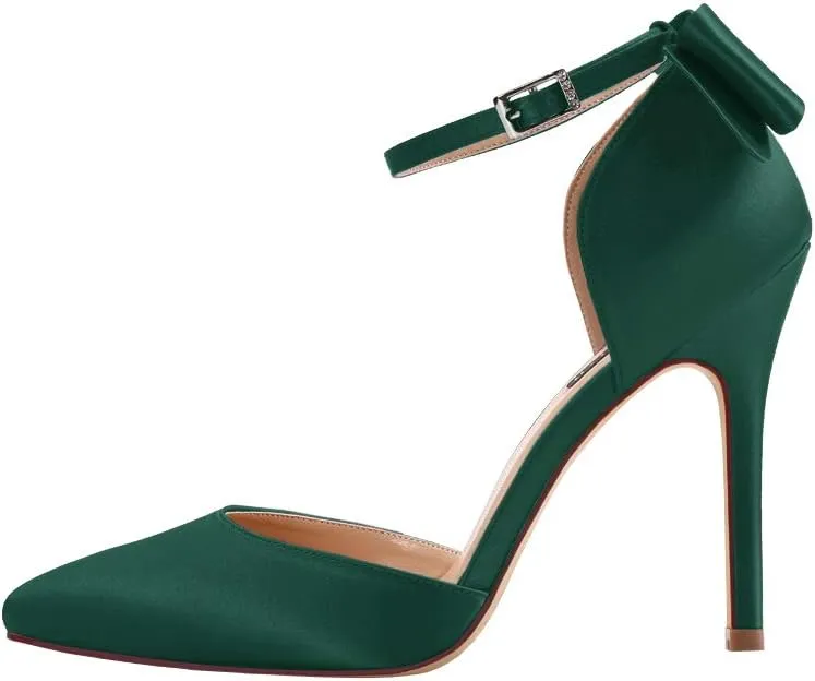 ERIJUNOR Women High Heel Bow Ankle Strap Evening Party Dance Wedding Satin Shoes