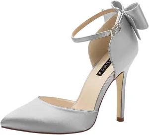 ERIJUNOR Women High Heel Bow Ankle Strap Evening Party Dance Wedding Satin Shoes