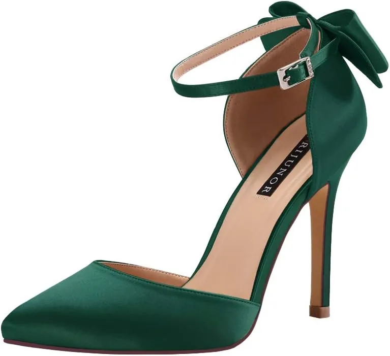 ERIJUNOR Women High Heel Bow Ankle Strap Evening Party Dance Wedding Satin Shoes