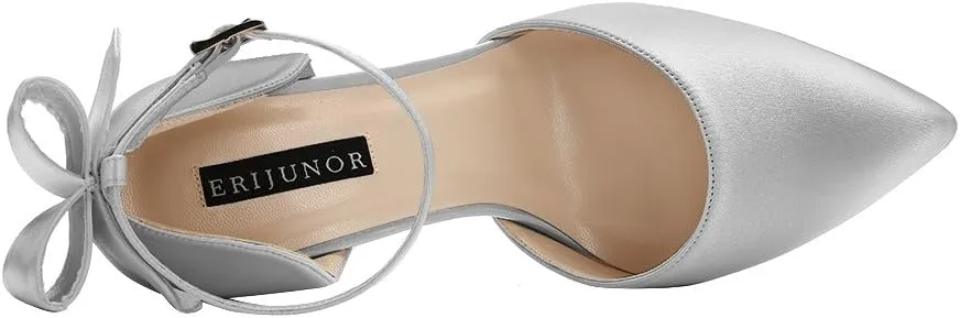 ERIJUNOR Women High Heel Bow Ankle Strap Evening Party Dance Wedding Satin Shoes