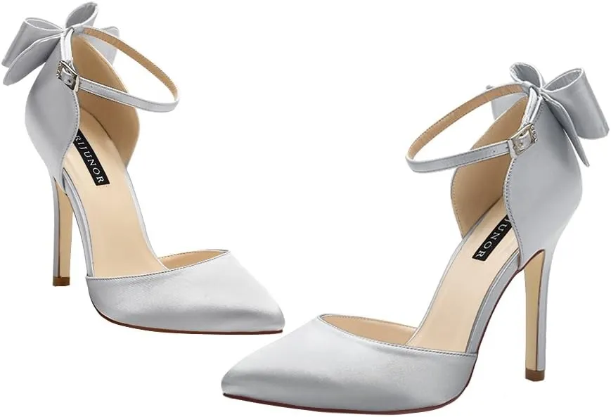 ERIJUNOR Women High Heel Bow Ankle Strap Evening Party Dance Wedding Satin Shoes