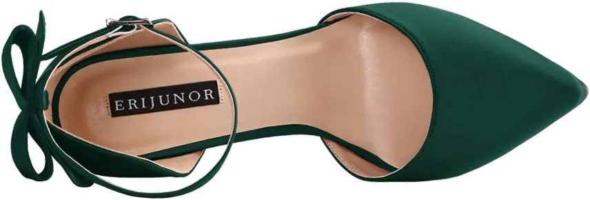 ERIJUNOR Women High Heel Bow Ankle Strap Evening Party Dance Wedding Satin Shoes
