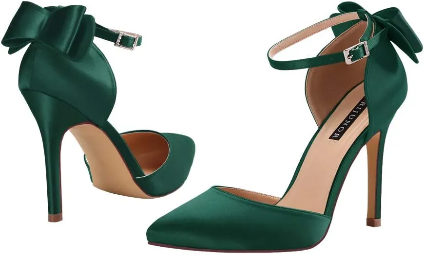 ERIJUNOR Women High Heel Bow Ankle Strap Evening Party Dance Wedding Satin Shoes