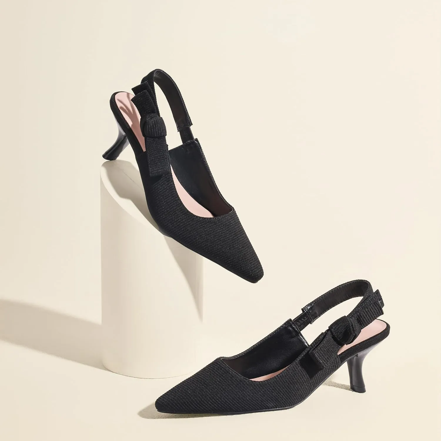 Erocalli Women's Low Kitten Bow Heels Slingback Dressy Pumps Pointed Closed Toe Elegant Wedding Pumps Formal Comfortable Shoes