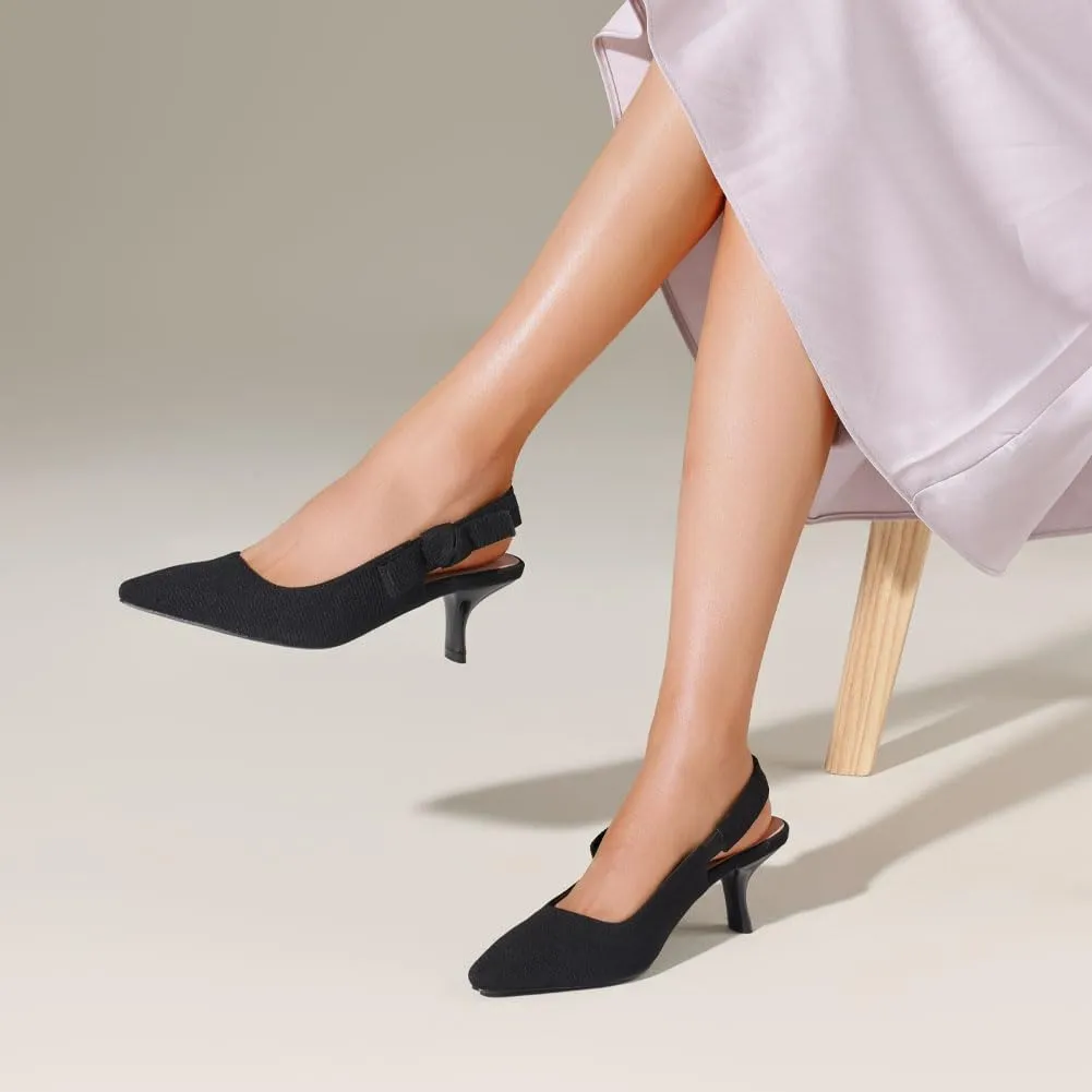 Erocalli Women's Low Kitten Bow Heels Slingback Dressy Pumps Pointed Closed Toe Elegant Wedding Pumps Formal Comfortable Shoes
