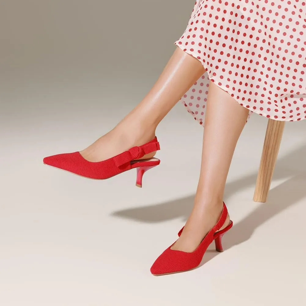 Erocalli Women's Low Kitten Bow Heels Slingback Dressy Pumps Pointed Closed Toe Elegant Wedding Pumps Formal Comfortable Shoes
